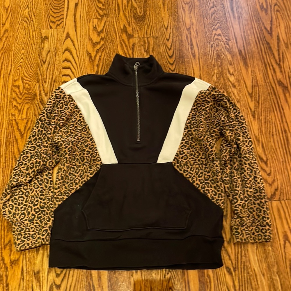American Eagle Quarter Zip Sweatshirt with Animal Print Sleeves